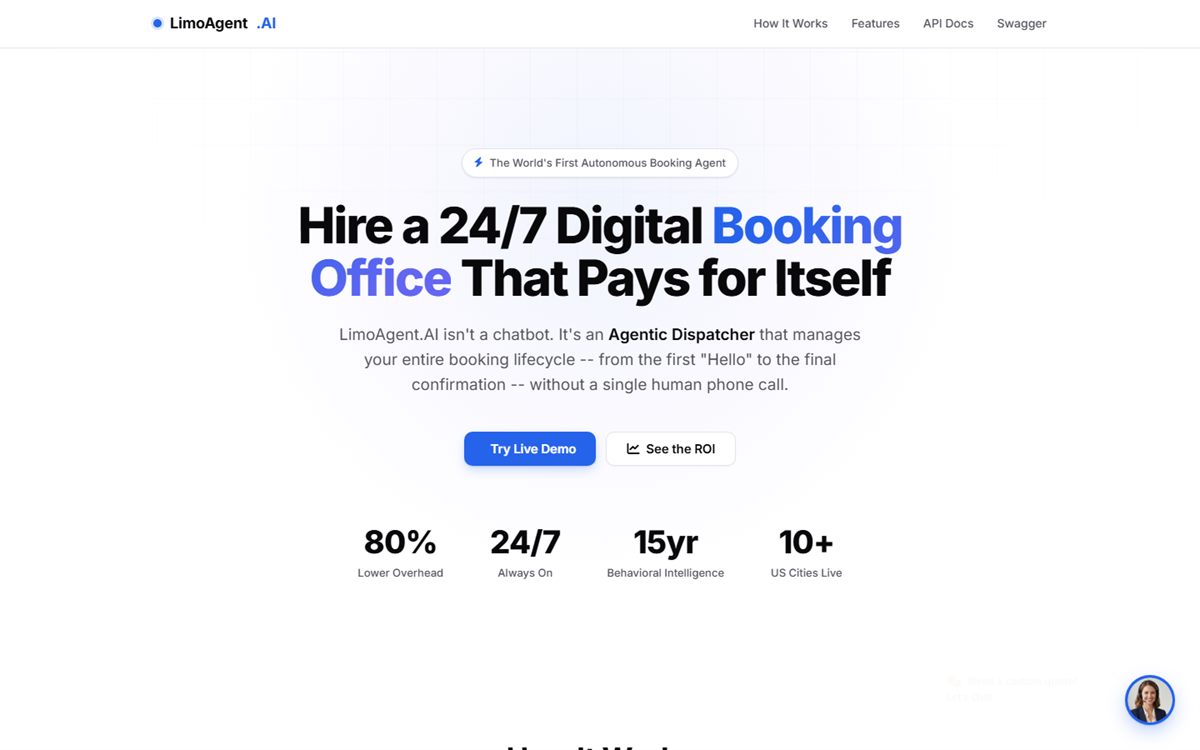 LimoAgent.AI homepage — an autonomous AI booking agent